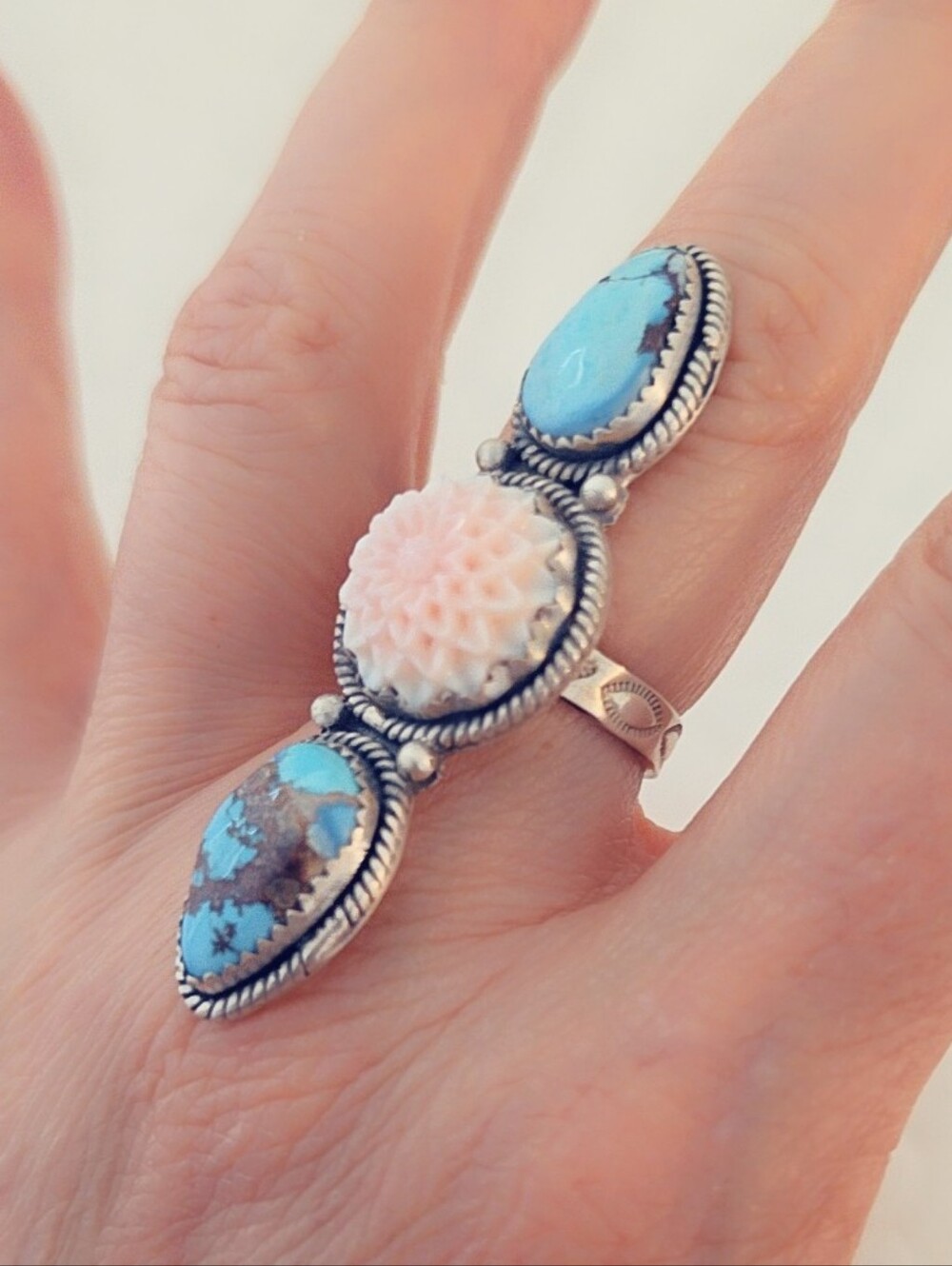 Native Pink Conch & Turquoise 925 Sterling Silver Gemstone Ring